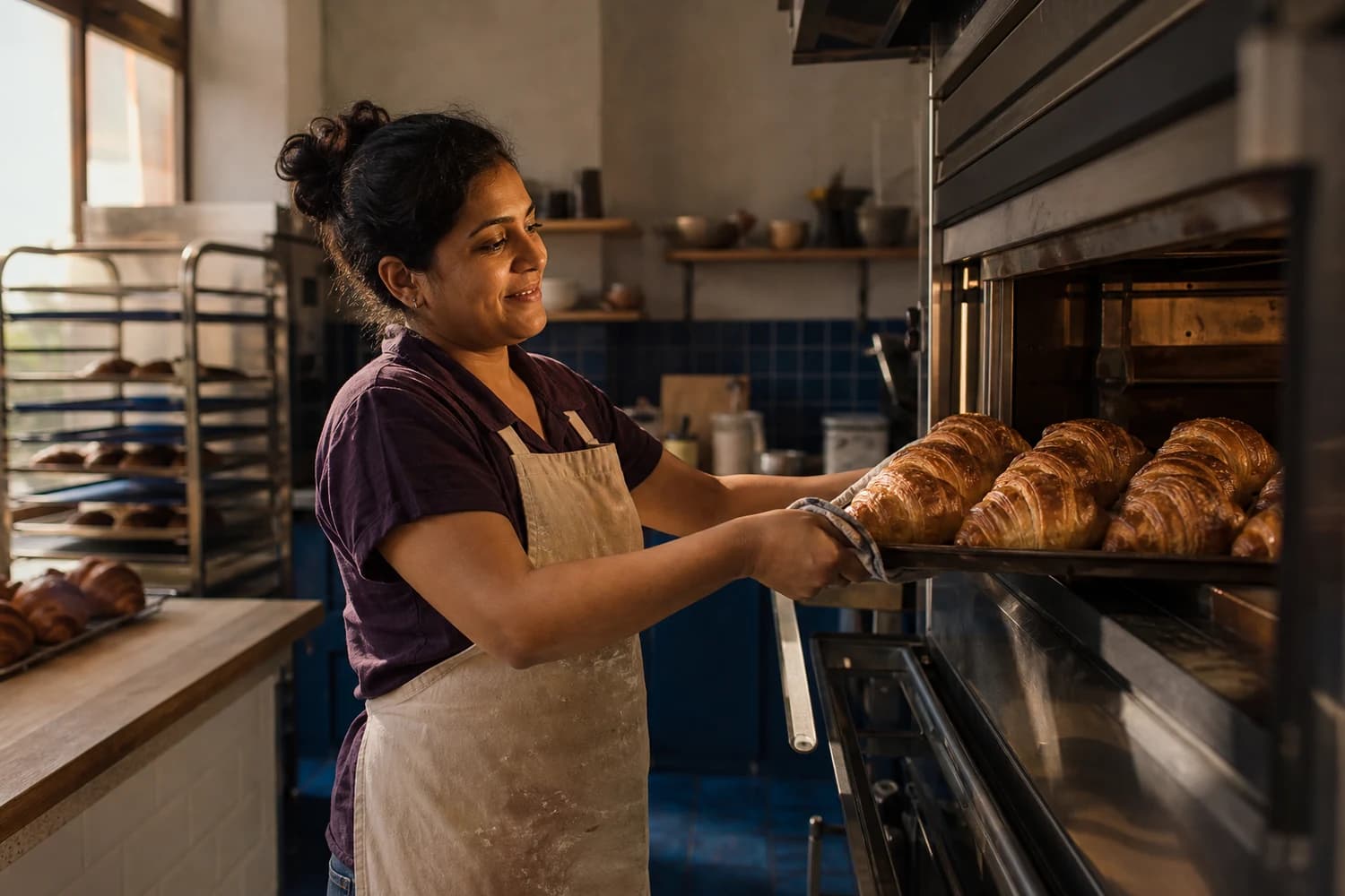 A baker holding a tray of fresh croissants