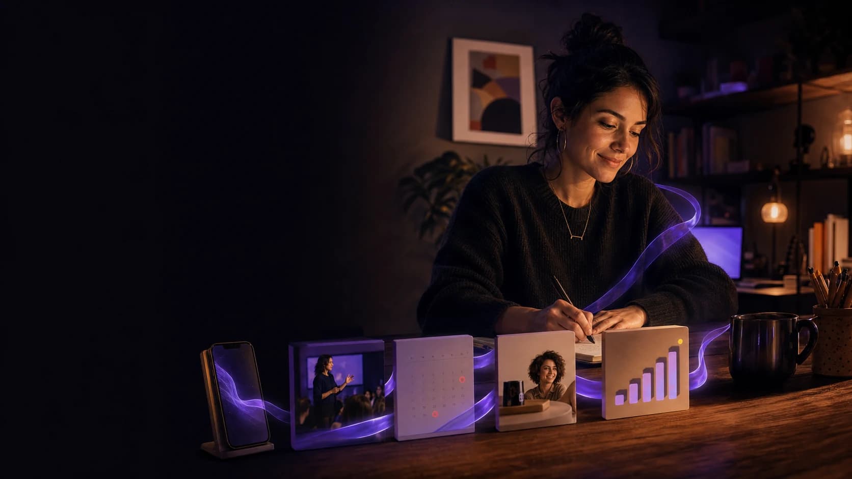 A creator building her business in a calm evening studio, with her page, calendar, customers, and insights connected by a violet ribbon.