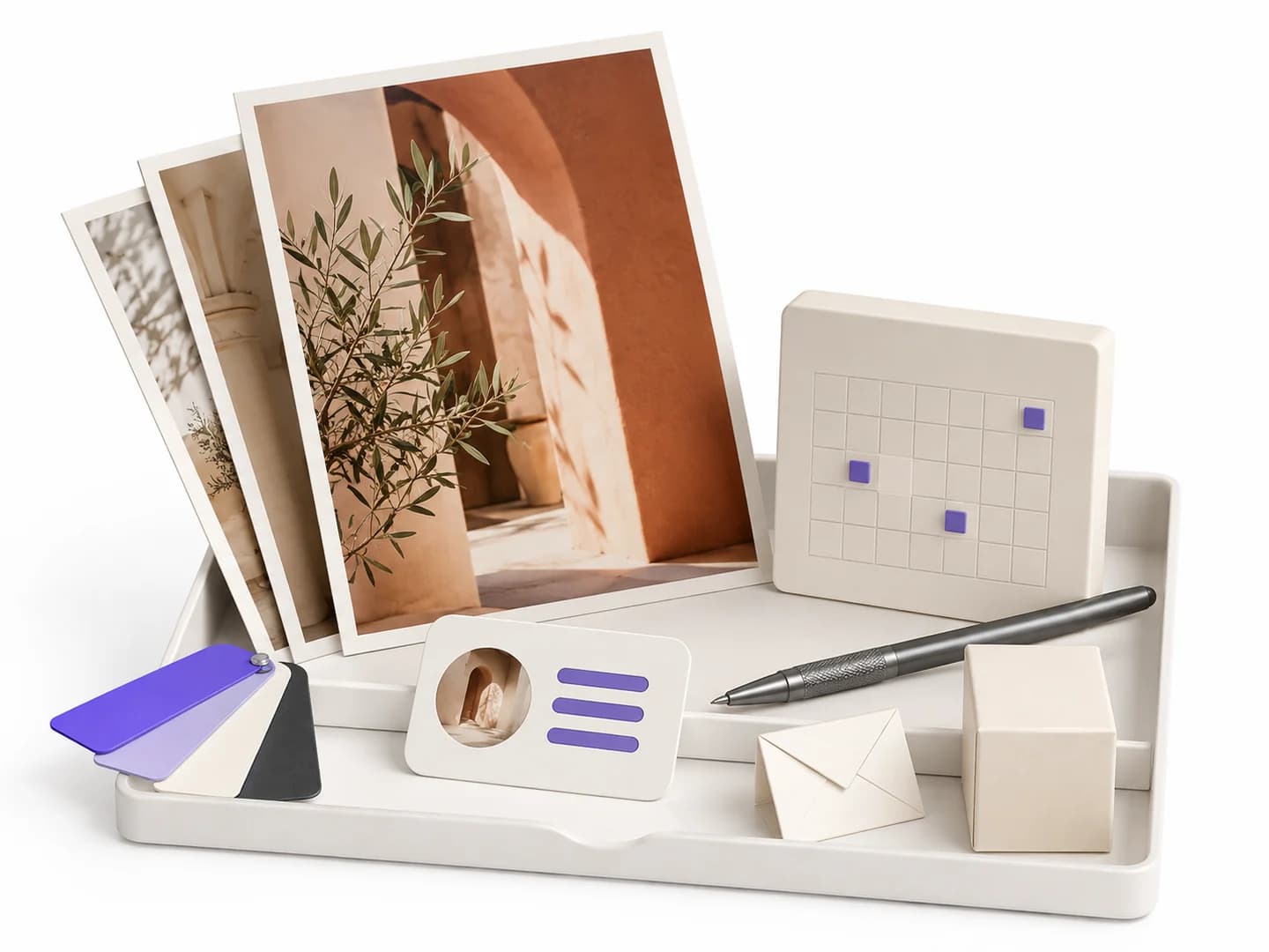 A VKit creator workbench with coordinated content prints, a calendar, brand swatches and a personal page.
