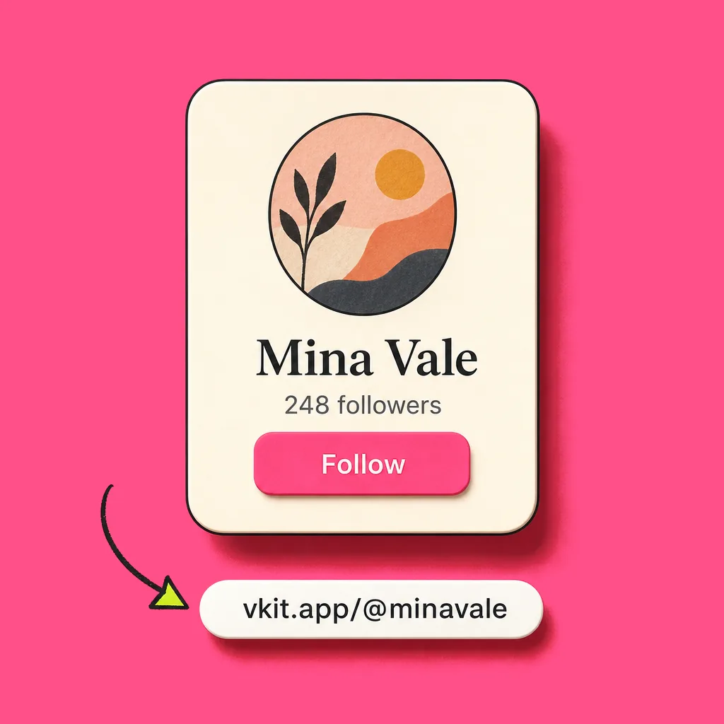 Illustration of a creator profile card with an arrow pointing to a VKit page link.