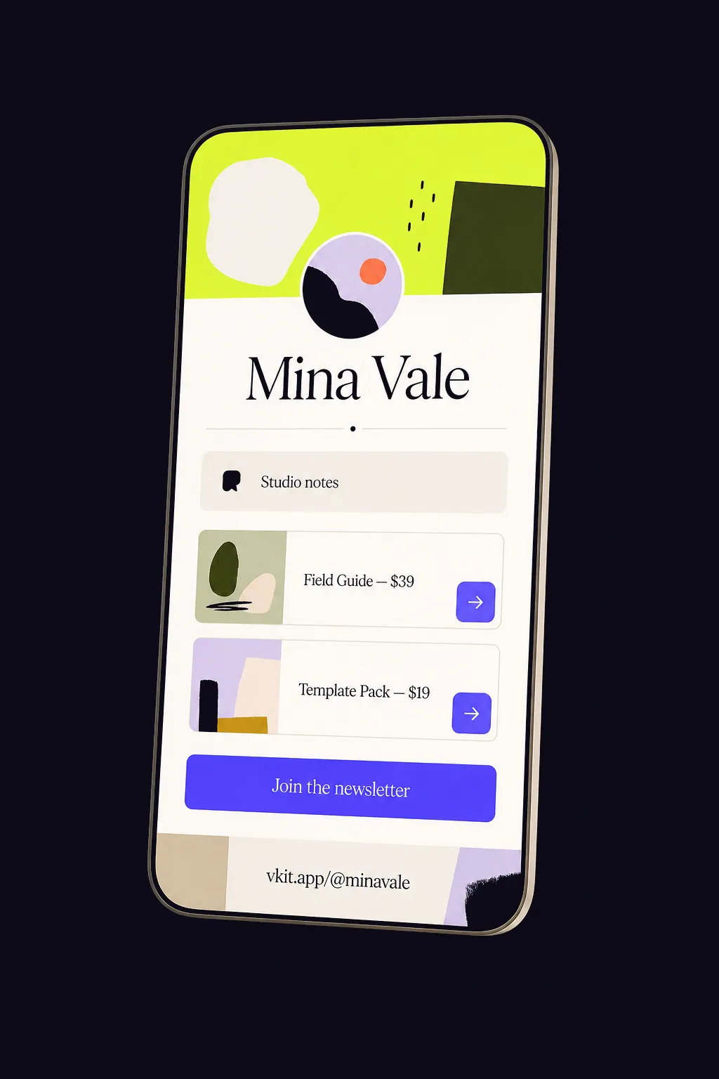 Illustration of a customizable cream and citron creator page on a phone-shaped card.